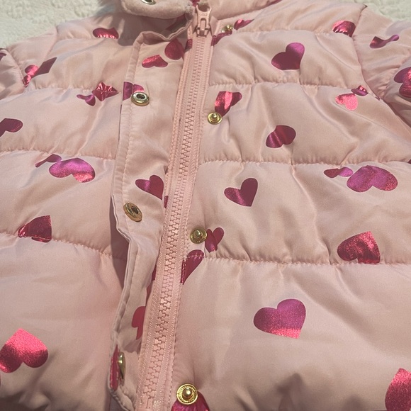 Carter's Pink Heart Puffer Jacket. Faux fur trim on hood. Zip & snap closure - Picture 1 of 10